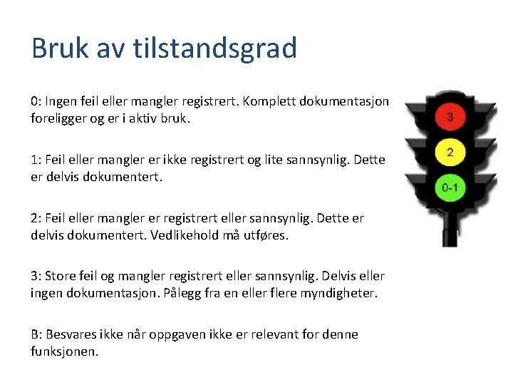 Bruk av tilstandsgrad 0: Ingen feil eller mangler registrert. Komplett dokumentasjon foreligger og er