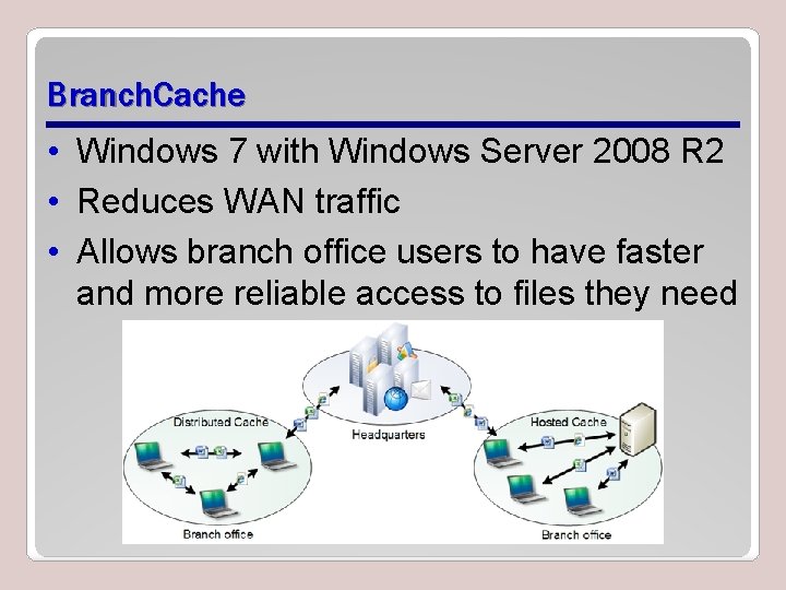Branch. Cache • Windows 7 with Windows Server 2008 R 2 • Reduces WAN