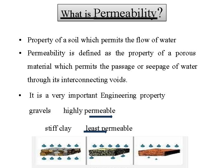 What is Permeability? • Property of a soil which permits the flow of water