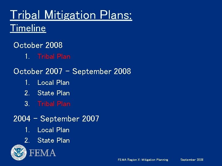 Tribal Mitigation Plans: Timeline October 2008 1. Tribal Plan October 2007 – September 2008