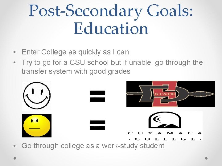 Post-Secondary Goals: Education • Enter College as quickly as I can • Try to