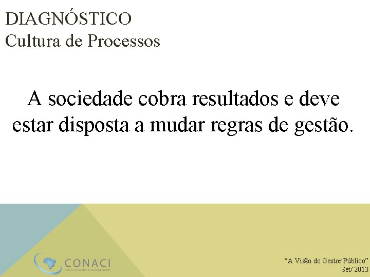 DIAGNÓSTICO Cultura de Processos A sociedade cobra resultados e deve estar disposta a mudar