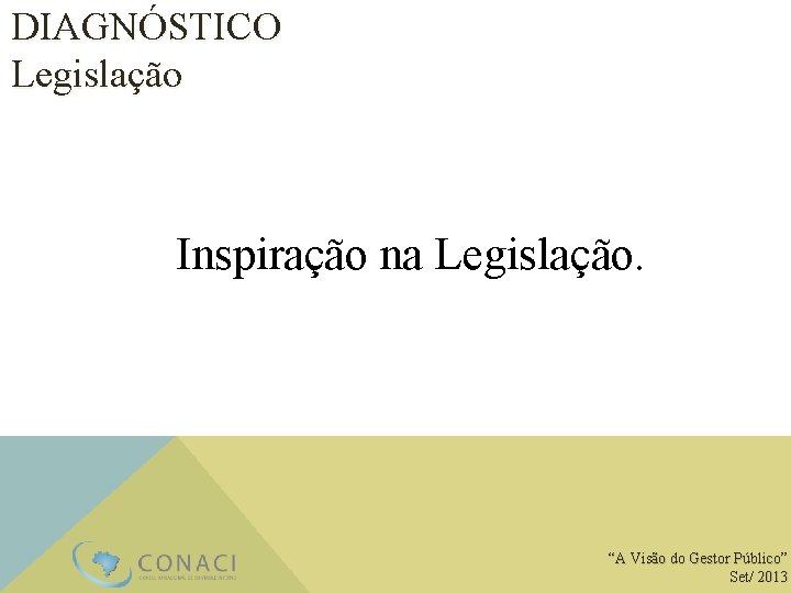 DIAGNÓSTICO Legislação Inspiração na Legislação. “A Visão do Gestor Público” Set/ 2013 