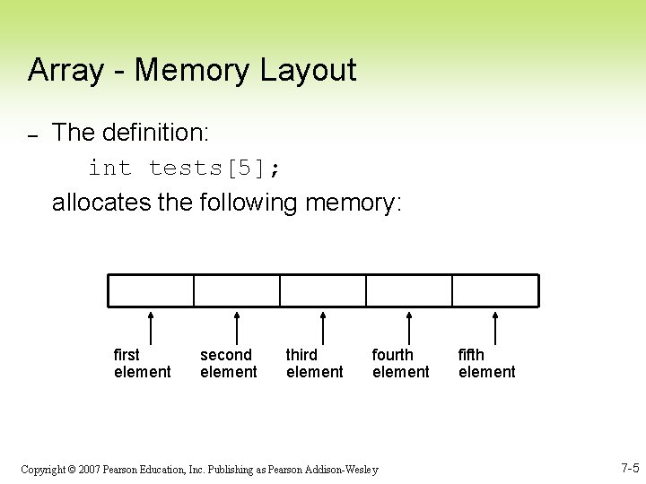 Array - Memory Layout – The definition: int tests[5]; allocates the following memory: first