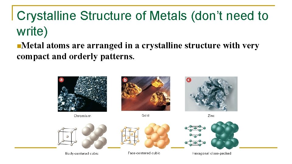 Crystalline Structure of Metals (don’t need to write) n. Metal atoms are arranged in