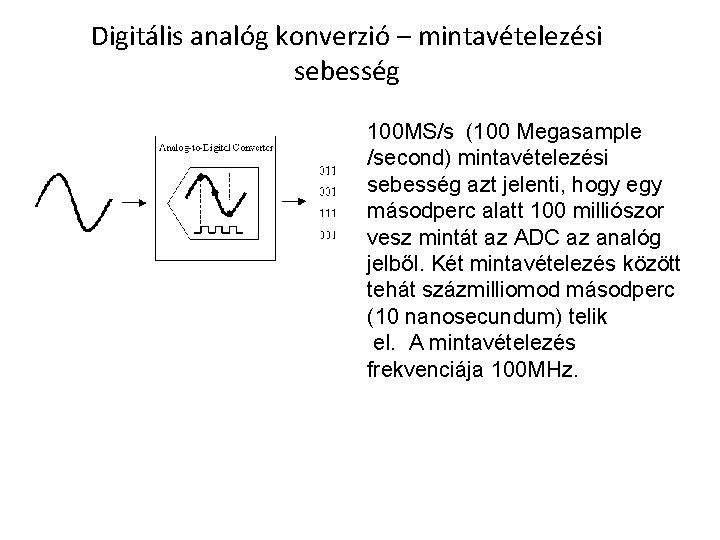 Digitális analóg konverzió – mintavételezési sebesség 100 MS/s (100 Megasample /second) mintavételezési sebesség azt