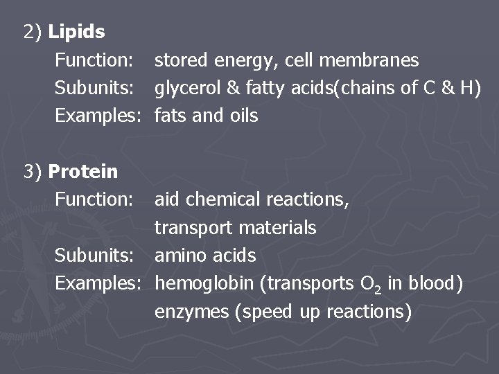 2) Lipids Function: Subunits: Examples: stored energy, cell membranes glycerol & fatty acids(chains of