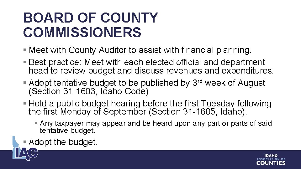 BOARD OF COUNTY COMMISSIONERS § Meet with County Auditor to assist with financial planning.