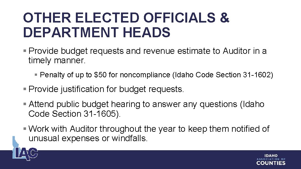 OTHER ELECTED OFFICIALS & DEPARTMENT HEADS § Provide budget requests and revenue estimate to