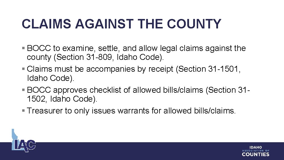 CLAIMS AGAINST THE COUNTY § BOCC to examine, settle, and allow legal claims against