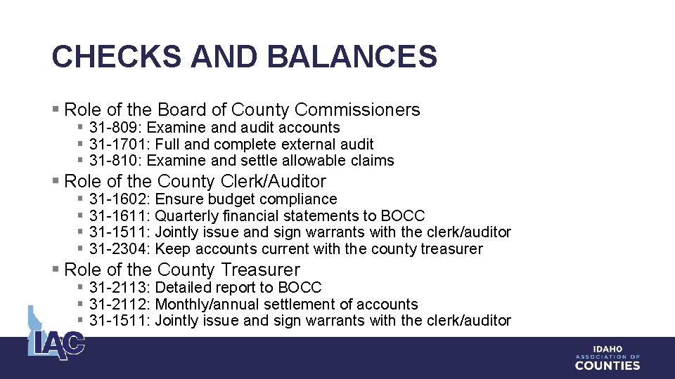 CHECKS AND BALANCES § Role of the Board of County Commissioners § 31 -809: