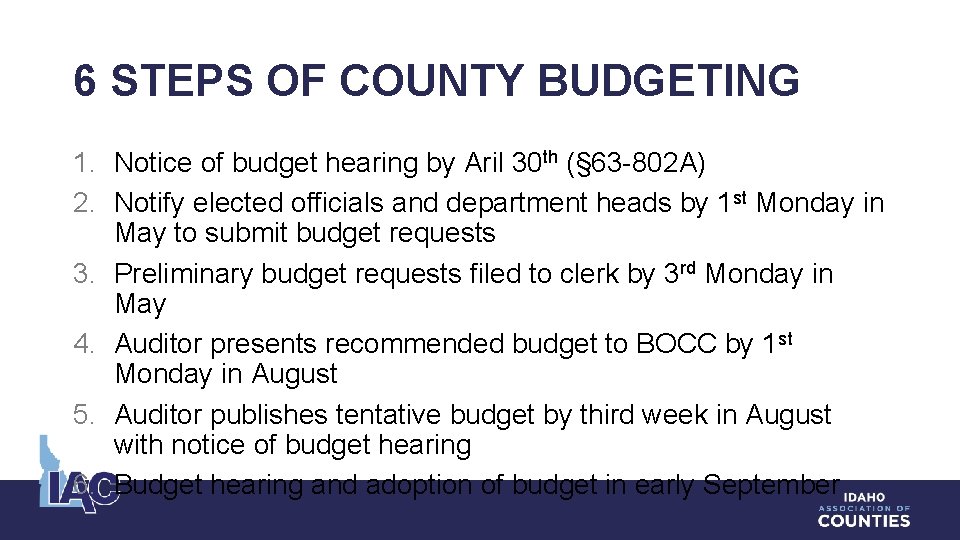 6 STEPS OF COUNTY BUDGETING 1. Notice of budget hearing by Aril 30 th