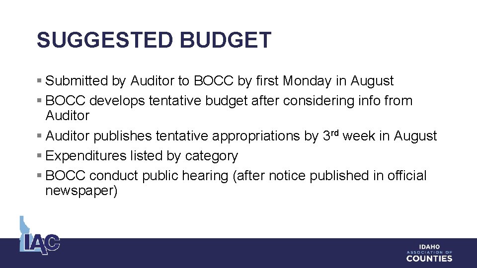 SUGGESTED BUDGET § Submitted by Auditor to BOCC by first Monday in August §