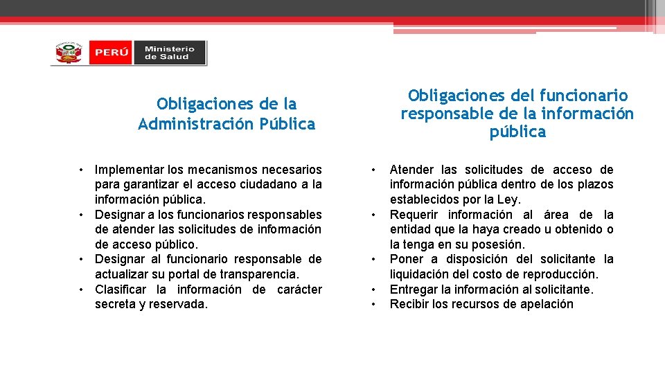 Obligaciones del funcionario responsable de la información pública Obligaciones de la Administración Pública •