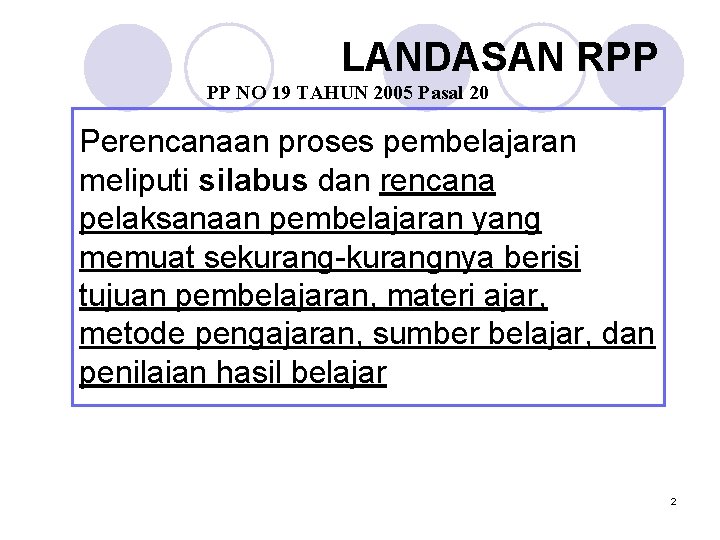 LANDASAN RPP PP NO 19 TAHUN 2005 Pasal 20 Perencanaan proses pembelajaran meliputi silabus