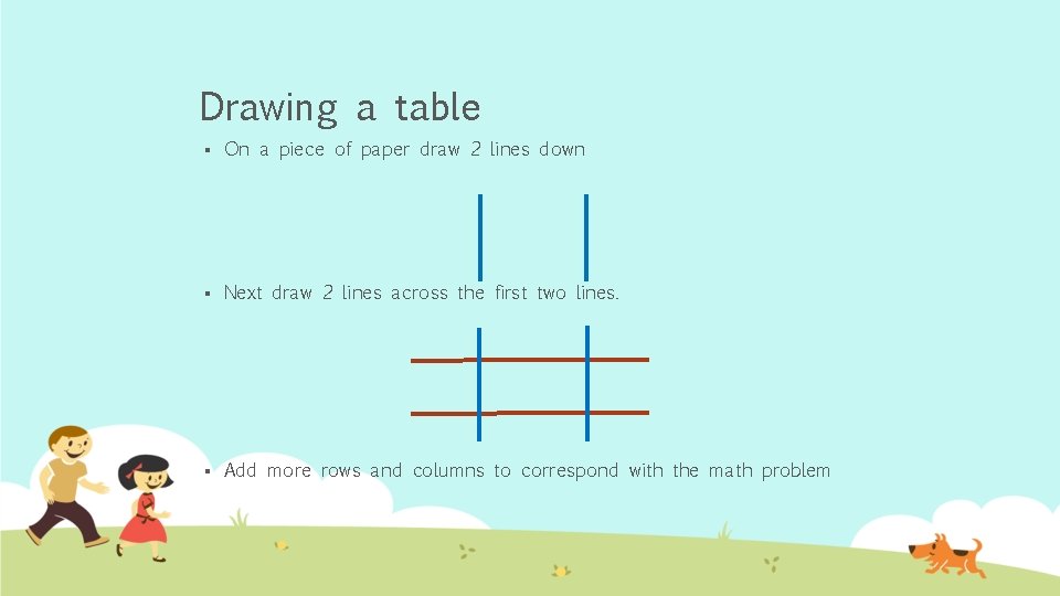 Drawing a table § On a piece of paper draw 2 lines down §