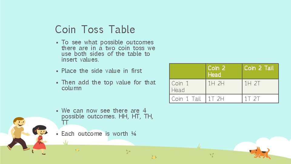 Coin Toss Table § To see what possible outcomes there are in a two