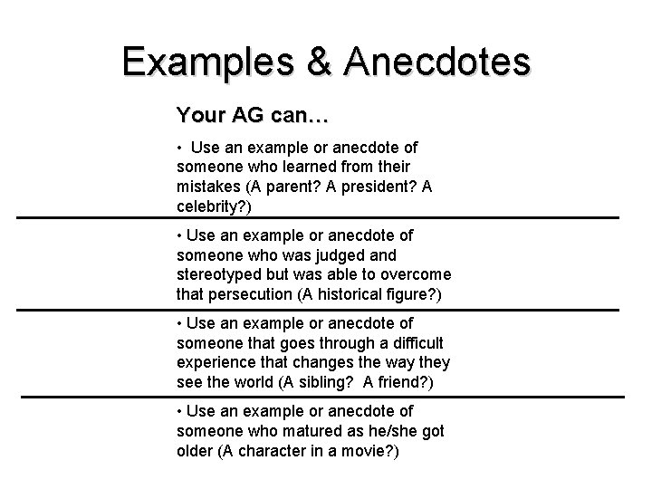 Examples & Anecdotes Your AG can… • Use an example or anecdote of someone