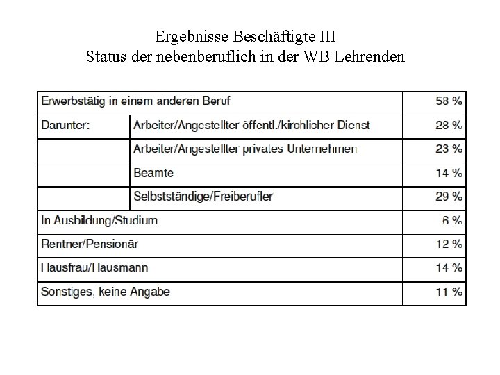 Ergebnisse Beschäftigte III Status der nebenberuflich in der WB Lehrenden 