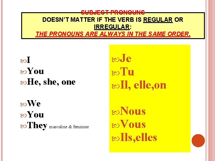 SUBJECT PRONOUNS DOESN’T MATTER IF THE VERB IS REGULAR OR IRREGULAR: THE PRONOUNS ARE