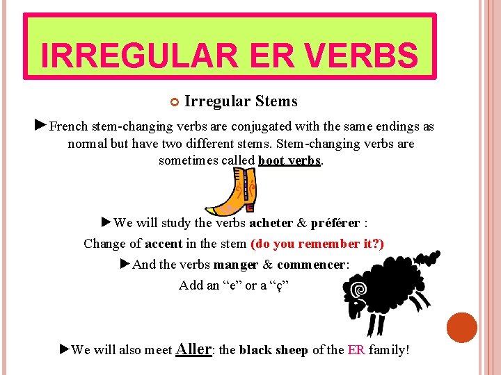 IRREGULAR ER VERBS Irregular Stems ►French stem-changing verbs are conjugated with the same endings