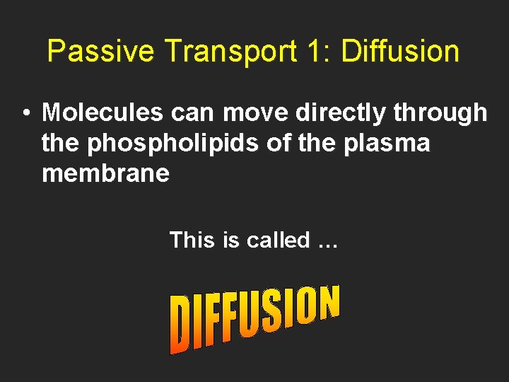 Passive Transport 1: Diffusion • Molecules can move directly through the phospholipids of the