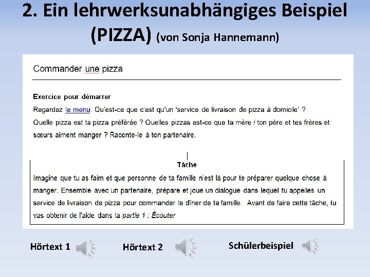 2. Ein lehrwerksunabhängiges Beispiel (PIZZA) (von Sonja Hannemann) Hörtext 1 Hörtext 2 Schülerbeispiel 