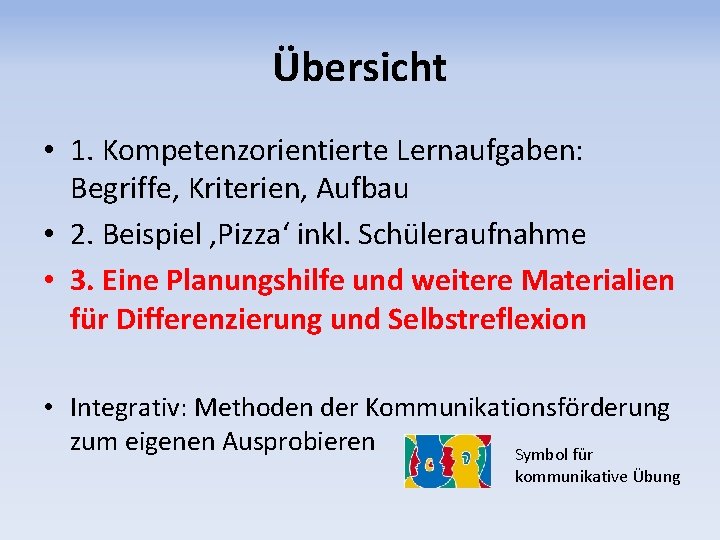 Übersicht • 1. Kompetenzorientierte Lernaufgaben: Begriffe, Kriterien, Aufbau • 2. Beispiel ‚Pizza‘ inkl. Schüleraufnahme