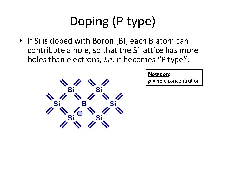 Doping (P type) • If Si is doped with Boron (B), each B atom