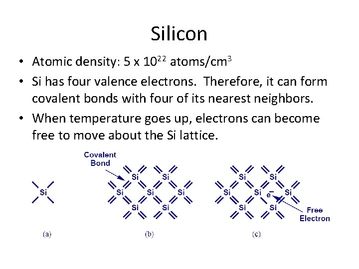 Silicon • Atomic density: 5 x 1022 atoms/cm 3 • Si has four valence