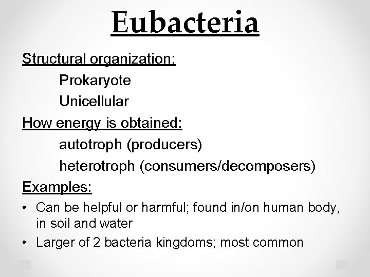 Eubacteria Structural organization: Prokaryote Unicellular How energy is obtained: autotroph (producers) heterotroph (consumers/decomposers) Examples: