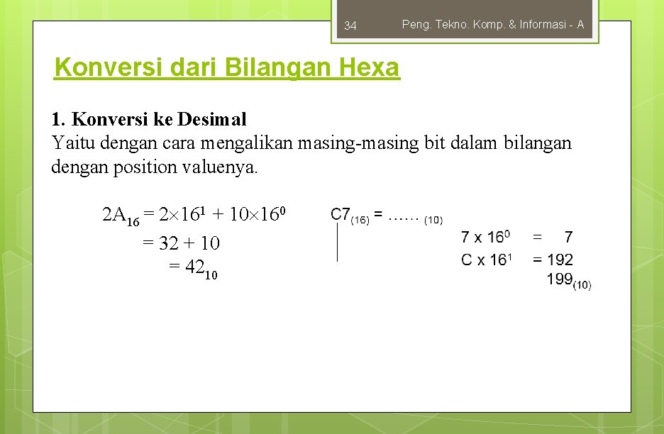 34 Peng. Tekno. Komp. & Informasi - A Konversi dari Bilangan Hexa 1. Konversi