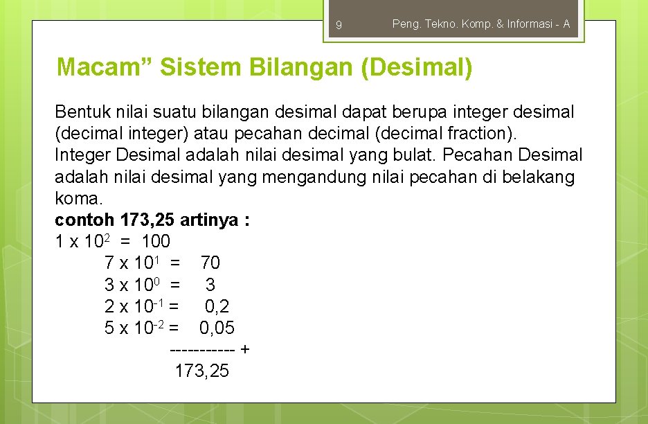 9 Peng. Tekno. Komp. & Informasi - A Macam” Sistem Bilangan (Desimal) Bentuk nilai