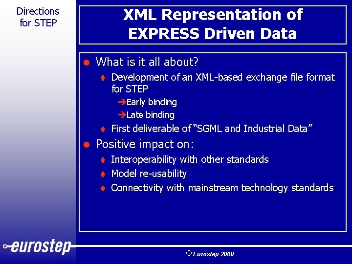 XML Representation of EXPRESS Driven Data Directions for STEP l What is it all