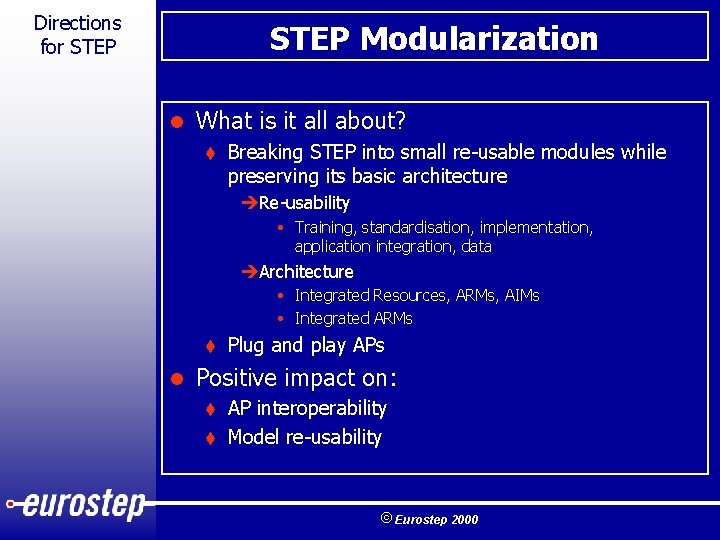 Directions for STEP Modularization l What is it all about? t Breaking STEP into