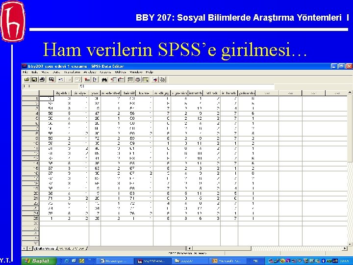 BBY 207: Sosyal Bilimlerde Araştırma Yöntemleri I Ham verilerin SPSS’e girilmesi… Y. T. 