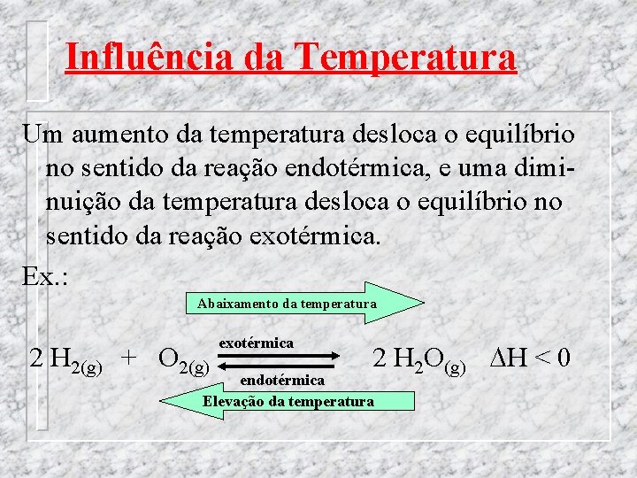 Influência da Temperatura Um aumento da temperatura desloca o equilíbrio no sentido da reação
