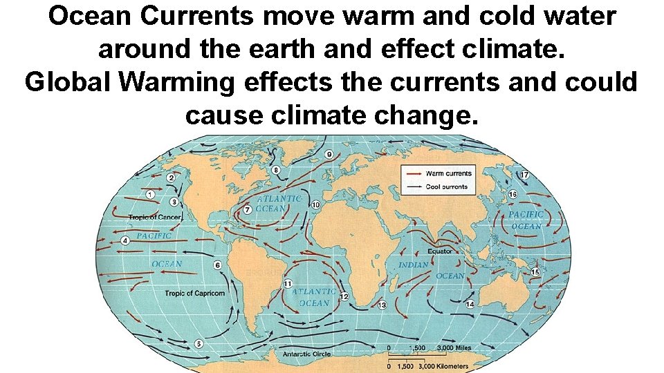 Ocean Currents move warm and cold water around the earth and effect climate. Global