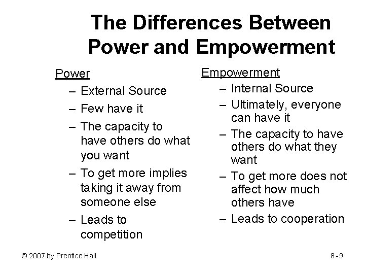 The Differences Between Power and Empowerment Power – Internal Source – External Source –