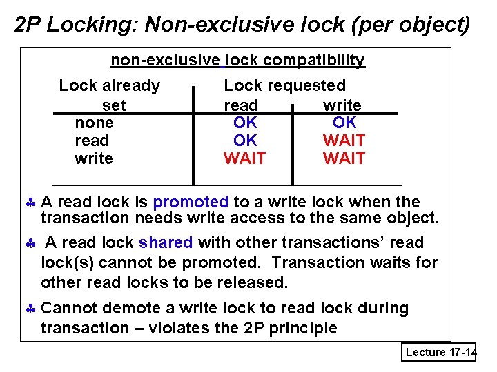 2 P Locking: Non-exclusive lock (per object) non-exclusive lock compatibility Lock already set none