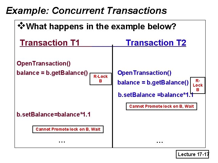 Example: Concurrent Transactions v. What happens in the example below? Transaction T 1 Transaction
