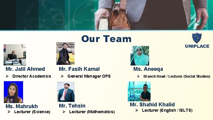 Our Team Mr. Jalil Ahmed Ø Director Academics Ms. Mahrukh Ø Lecturer (Science) Mr.