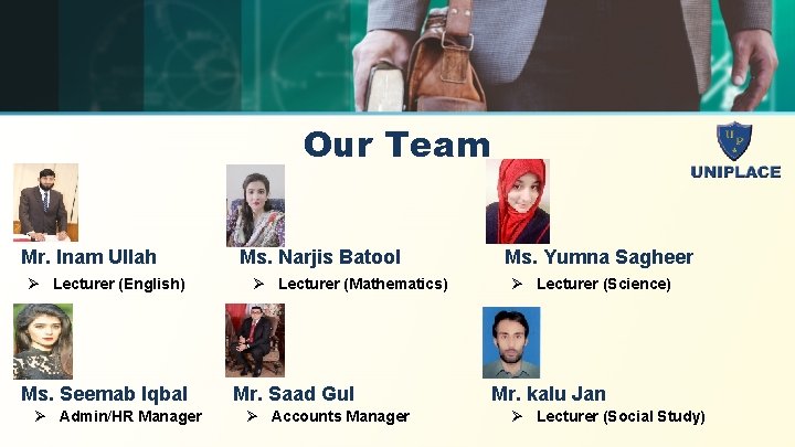 Our Team Mr. Inam Ullah Ø Lecturer (English) Ms. Seemab Iqbal Ø Admin/HR Manager