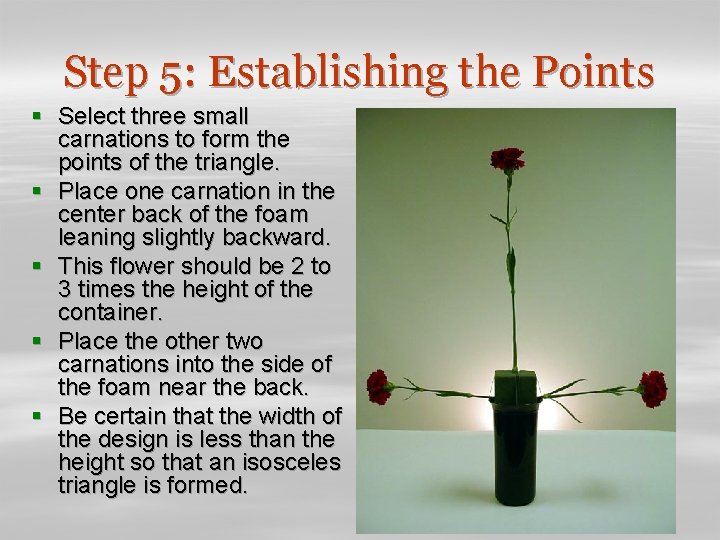 Step 5: Establishing the Points § Select three small carnations to form the points