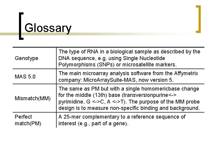 Glossary Genotype The type of RNA in a biological sample as described by the