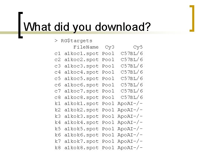 What did you download? > RG$targets File. Name c 1 a 1 koc 1.