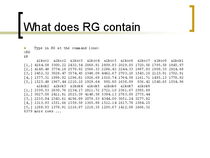 What does RG contain n Type in RG at the command line: >RG $R