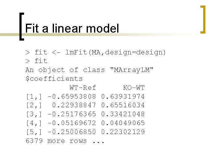 Fit a linear model > fit <- lm. Fit(MA, design=design) > fit An object