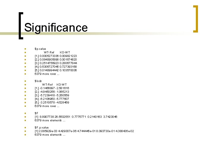 Significance n $p. value WT-Ref KO-WT [1, ] 0. 0005273336 0. 009821223 [2, ]