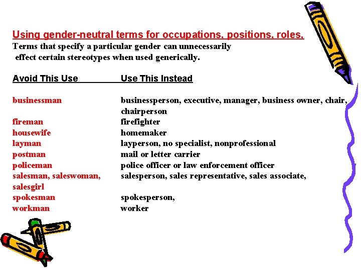 Using gender-neutral terms for occupations, positions, roles, Terms that specify a particular gender can